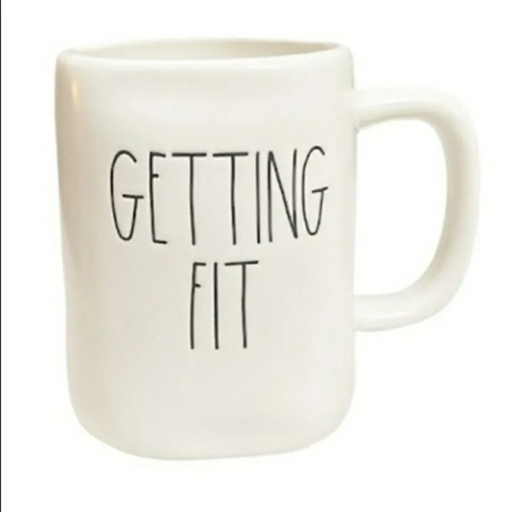 New Rae Dunn White Black Ceramic “GETTING FIT” Mug
